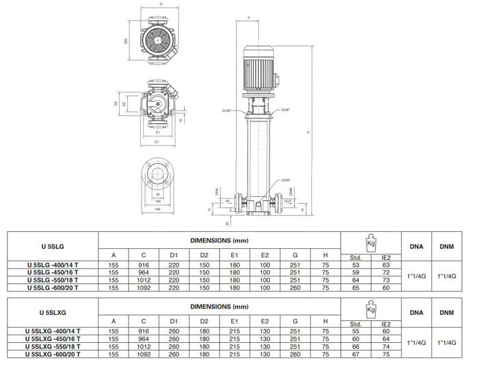 پمپ آب پنتاکس طبقاتی عمودی مدل U 5 SLXG-450-16T